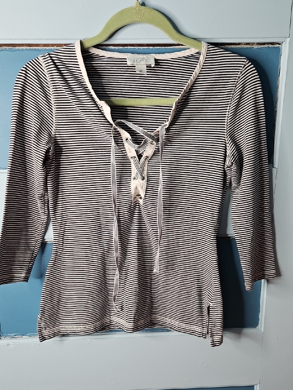 LOFT Black and White Striped Lace-Up Casual Top XS